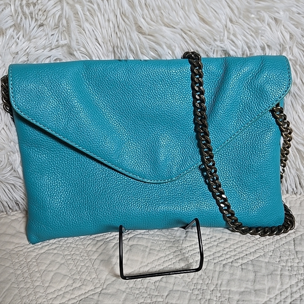 J. Crew Turquoise Small Leather Handbag With Bronze Chain Strap